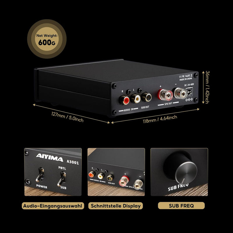 AIYIMA A3001 200W Subwoofer-Verstärker HiFi-Mono-Leistungsverstärker Klasse D-Verstärker mit Vollfre