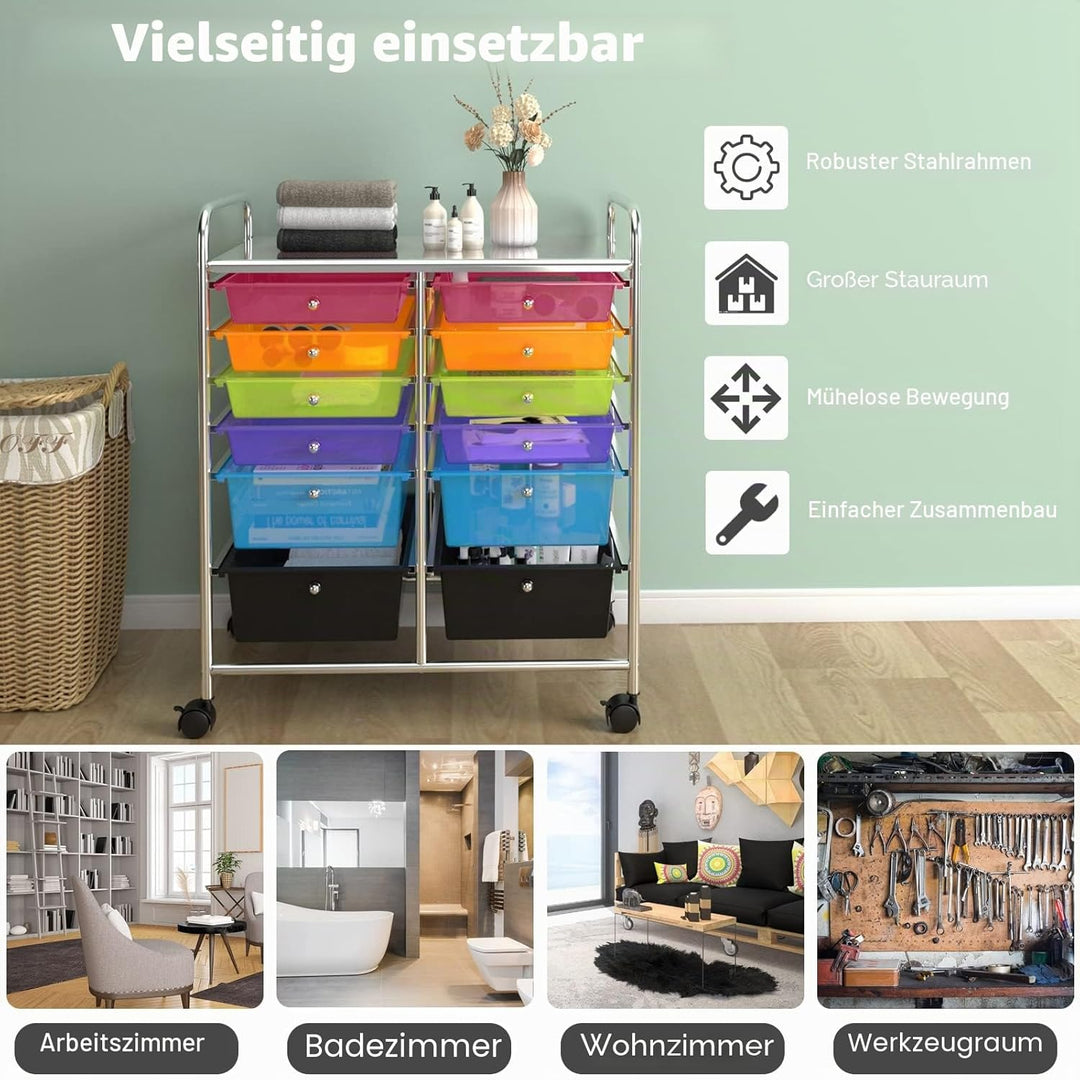 GIANTEX Rollwagen mit 12 Schubladen stapelbar, Schubladenwagen Badrollwagen Küchenwagen mit feststel