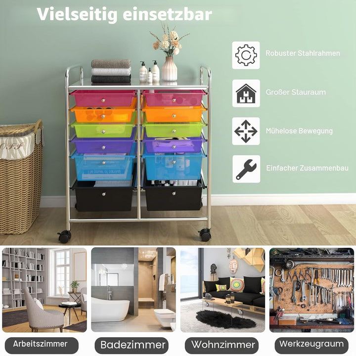 GIANTEX Rollwagen mit 12 Schubladen stapelbar, Schubladenwagen Badrollwagen Küchenwagen mit feststel