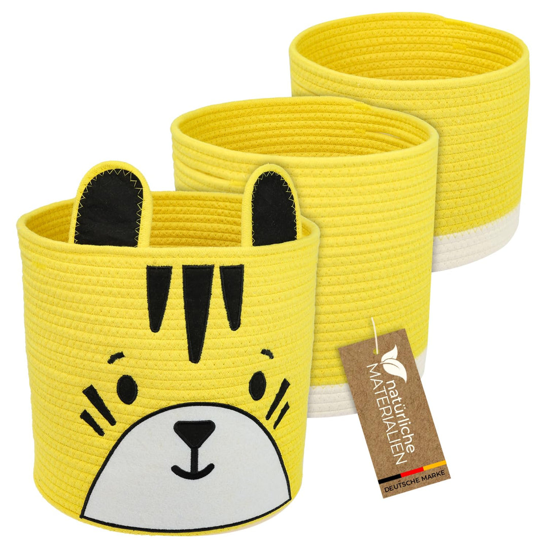 HMF Aufbewahrungskorb mit versteckten Griffen, 3er Set, Korb für Kinderzimmer aus Baumwolle | Tiger
