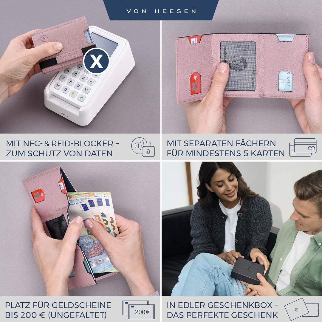 VON HEESEN Slim Wallet mit Münzfach & RFID-Schutz - Leder Geldbeutel - Mini Geldbörse für Herren und