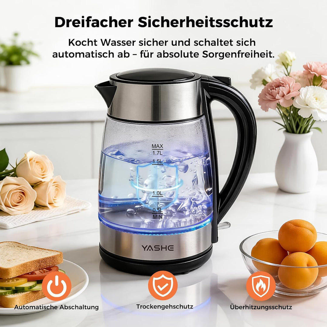YASHE Wasserkocher Glas 1,7L 2200W Schnellkochend Mit LED-Licht | Edelstahlboden, Kalkfilter, Abscha