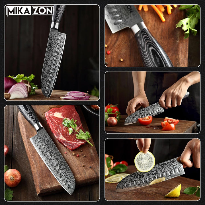 Damast Santoku - Japanisches 17.8 cm Allzweck-Küchenmesser mit 67-lagiger Stahlkonstruktion und Pakk