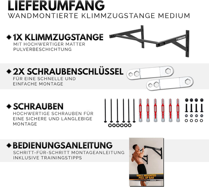 GORNATION Klimmzugstange für Wand, Ganzkörpertraining Reckstange, Pull Up Bar, Klimmzug Wand, Multif
