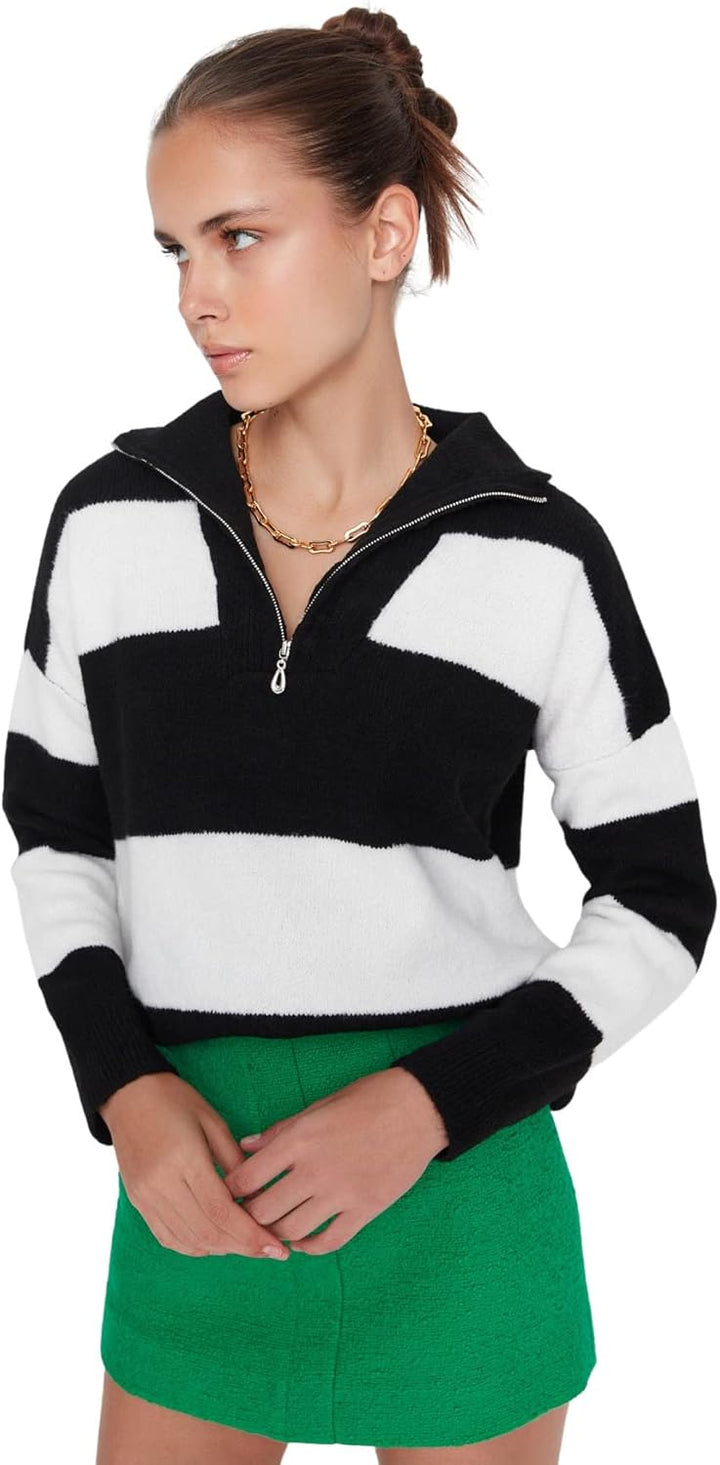 Trendyol Damen Stehkragen gestreift Oversize Sweater Sweatshirt, Schwarz, L