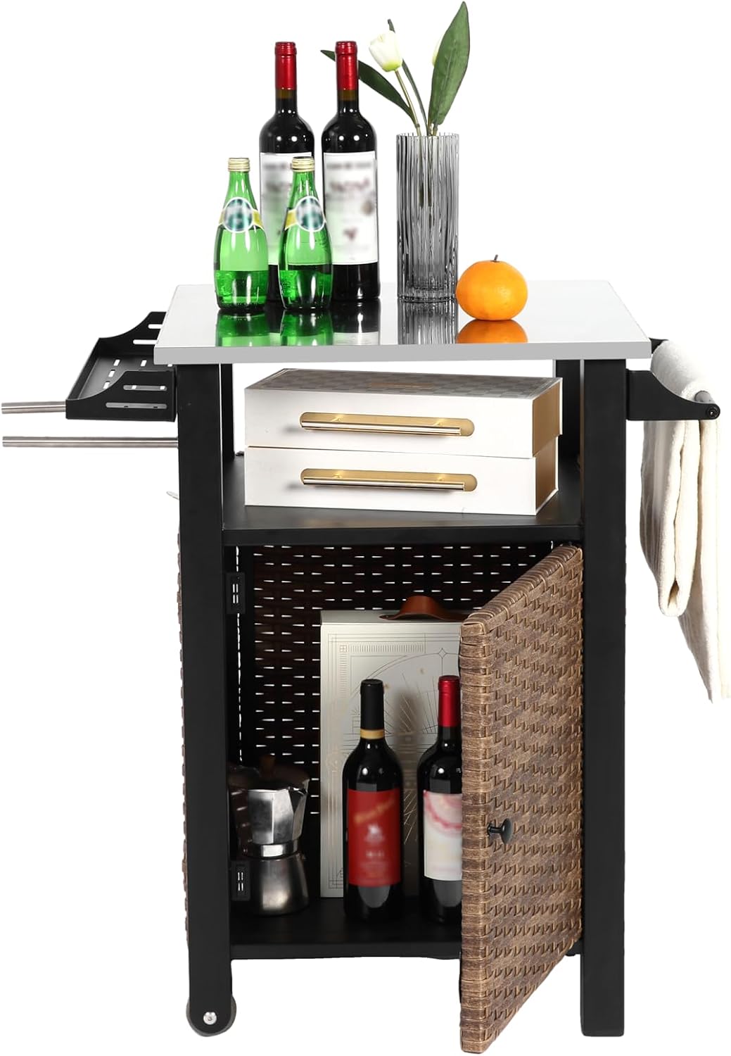 Rollbarer Rattan-Servierwagen mit ausziehbarer Edelstahl-Tischplatte, Kücheninsel für Outdoor mit Sc