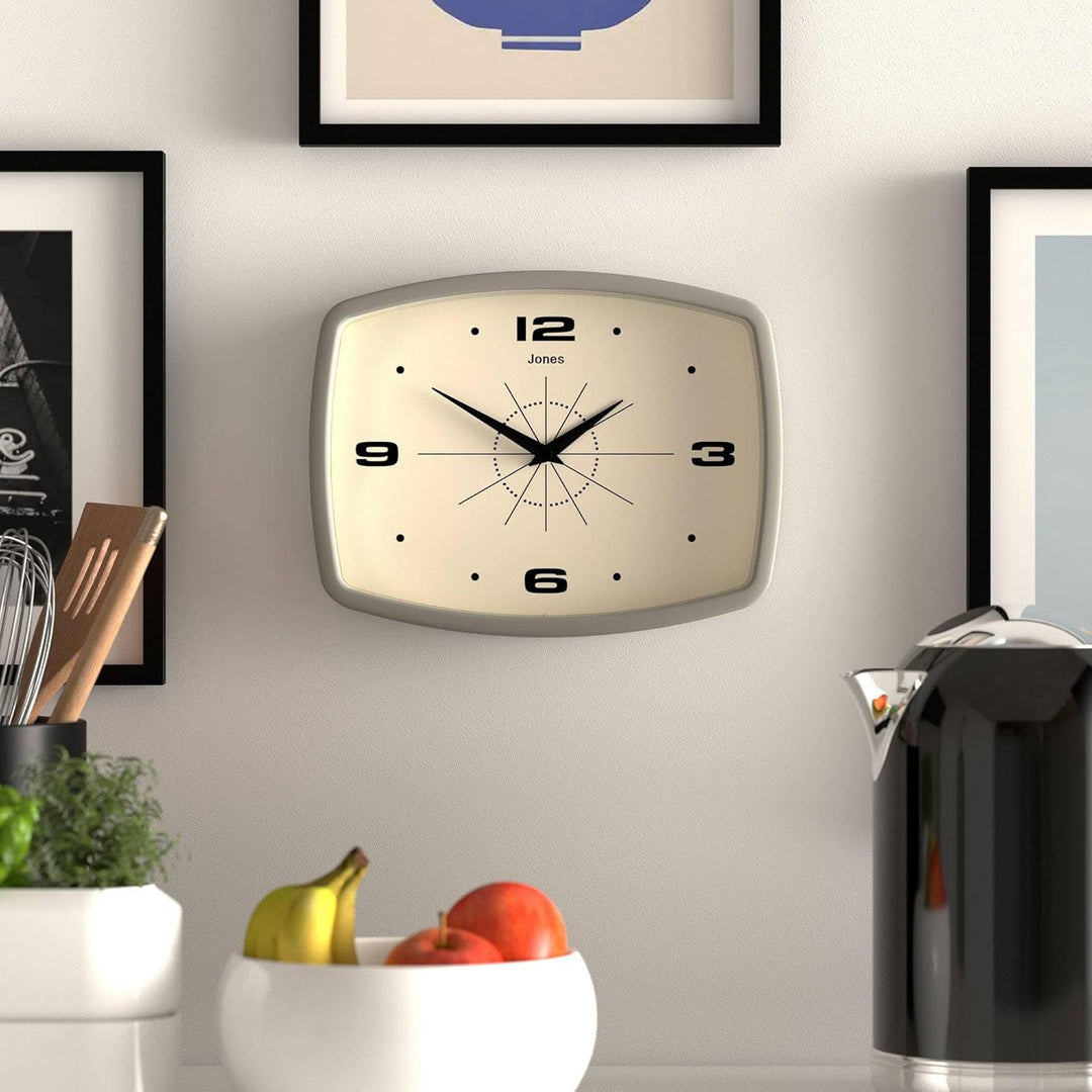JONES CLOCKS® Movie Wanduhr | Retro rechteckige Uhr | 25cm | Grau | Cooler Designer-Look für Küche,