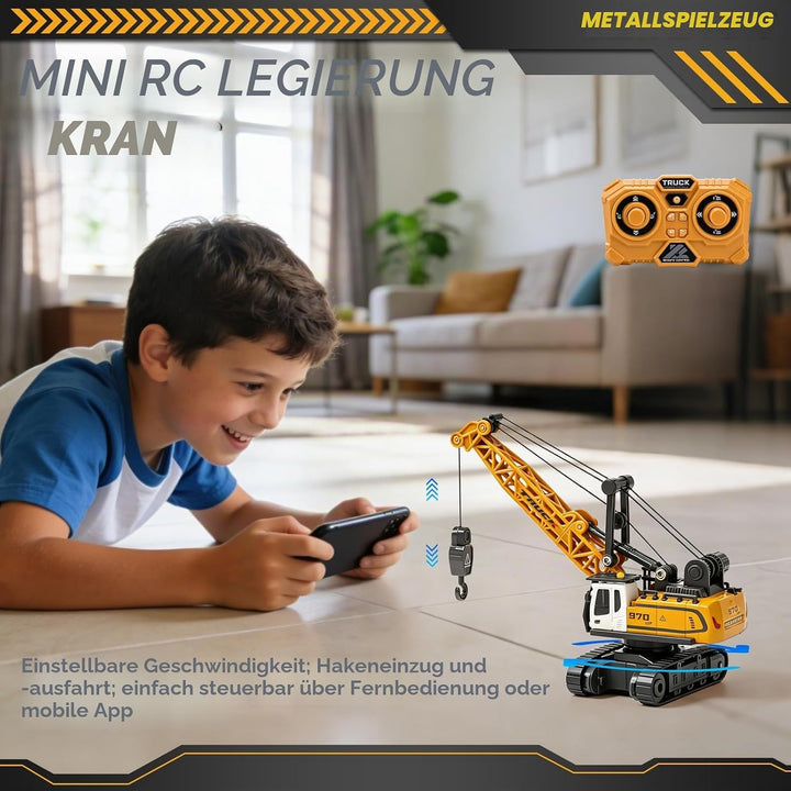 Mini Kran Spielzeug, 1:64 RC Kranfahrzeug mit APP-Steuerung &amp; 2,4GHz Fernbedienung, Ausfahrbarem Kra