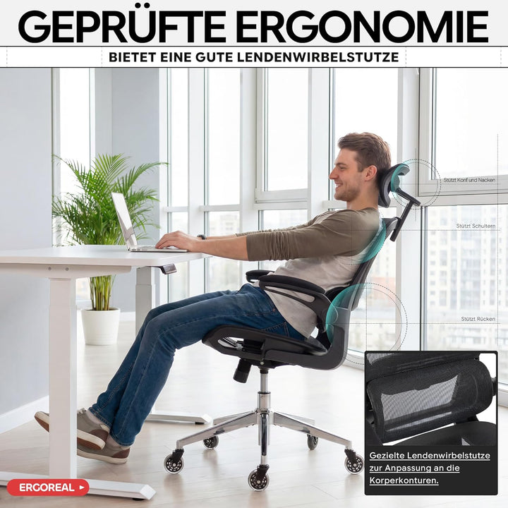 Schreibtischstuhl Ergonomischer Bürostuhl mit 150kg Tragkraft, verstellbaren Armlehnen, dynamischer