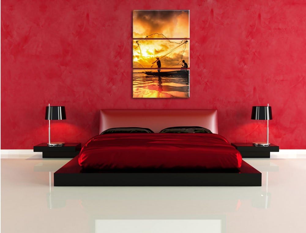 Pixxprint See mit Anglern als Leinwandbild/Grösse: 3 Teilig (120x80) cm/Wandbild/Kunstdruck/fertig b