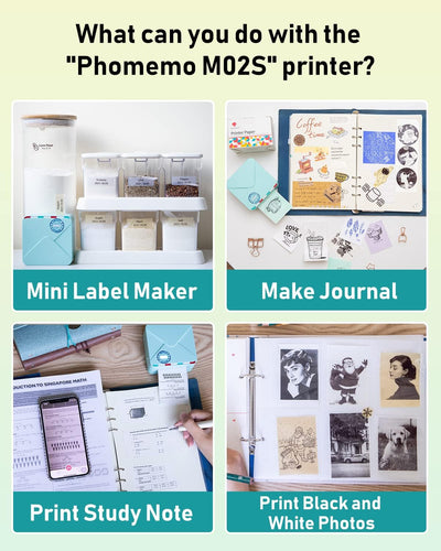 Phomemo M02S Mini Drucker, 300 DPI Thermodrucker mit 6 Etikettenrollen, Taschendrucker Sticker Druck