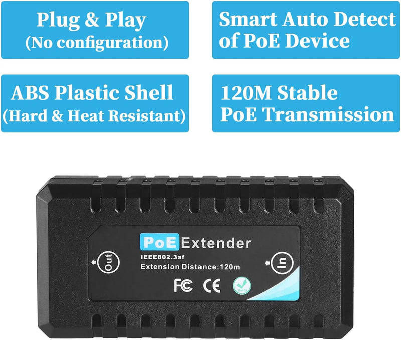 Revotech 1 Port PoE Extender, 15W PoE Output bis zu 120m(393 ft), 10/100Mbps Transmit, Comply IEEE80