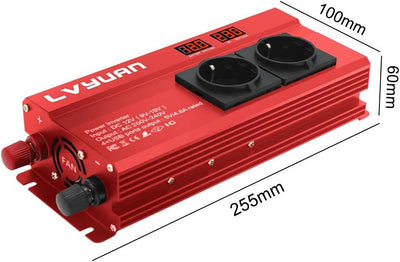 Spannungswandler 12V 230V 1000W/2000W Wechselrichter mit 2 Steckdose und 4 USB LED Spannungsanzeige