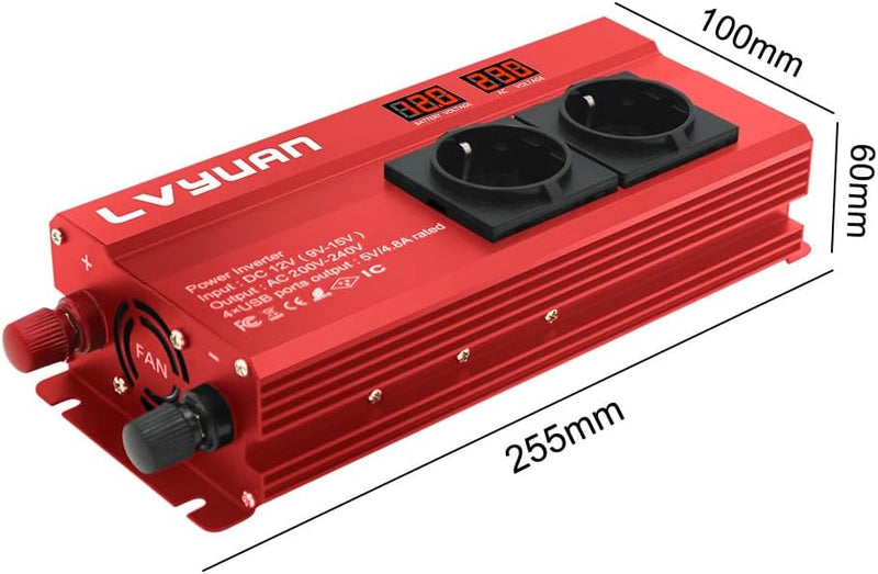 Spannungswandler 12V 230V 1000W/2000W Wechselrichter mit 2 Steckdose und 4 USB LED Spannungsanzeige