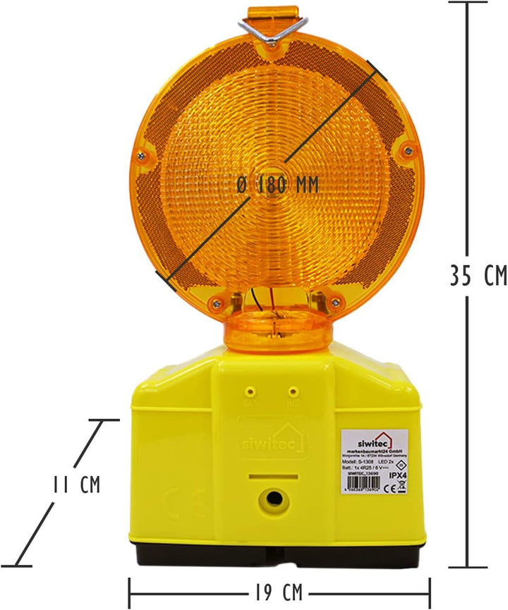 1 x siwitec LED Baustellenleuchte gelb inkl. 2 x Blockbatterien Typ 4R25 6V 7Ah, LED Warnleuchte für