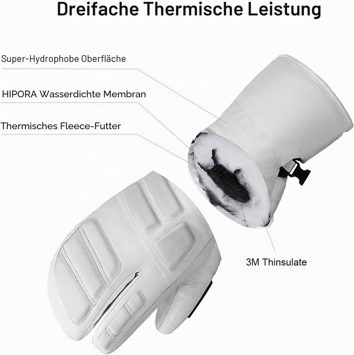 KUTOOK Skihandschuhe Ziegenleder 3M Thinsulate Fäustlinge 5 MM Eva HIPORA Wasserdicht Winddicht Stra