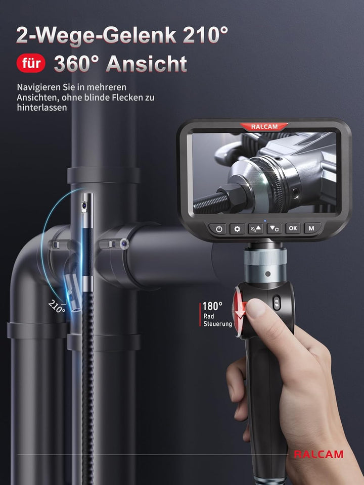 Ralcam Endoskopkamera mit Licht, Endoscope Camera mit 180° beweglichem Kopf, 6,5mm Dual-Sonde, 5" HD