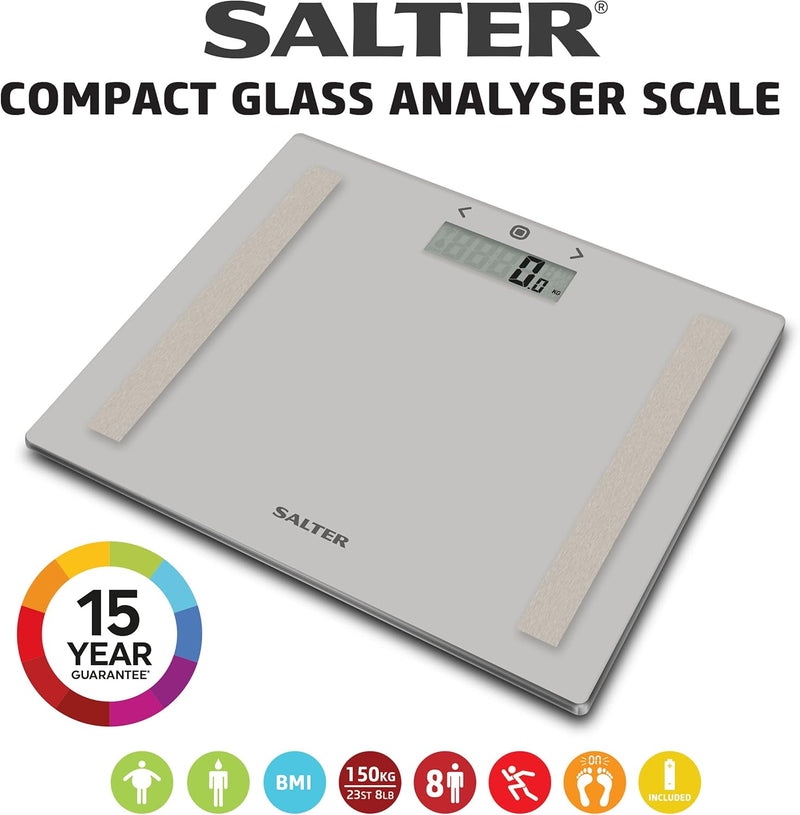 Salter 9113 GY3R kompakte Glas körperfettanalyse digital personenwaage - max.150kg, 8 Benutzer, Athl