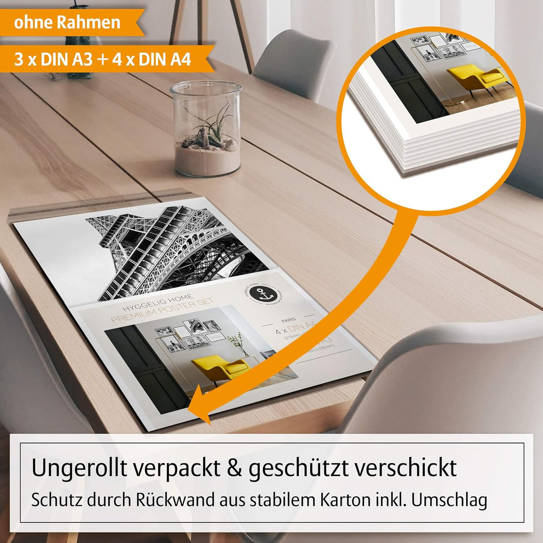 Hyggelig Home Premium Poster Set - 7 harmonische Bilder im Set - Eiffelturm Wand Deko - Set Paris- o