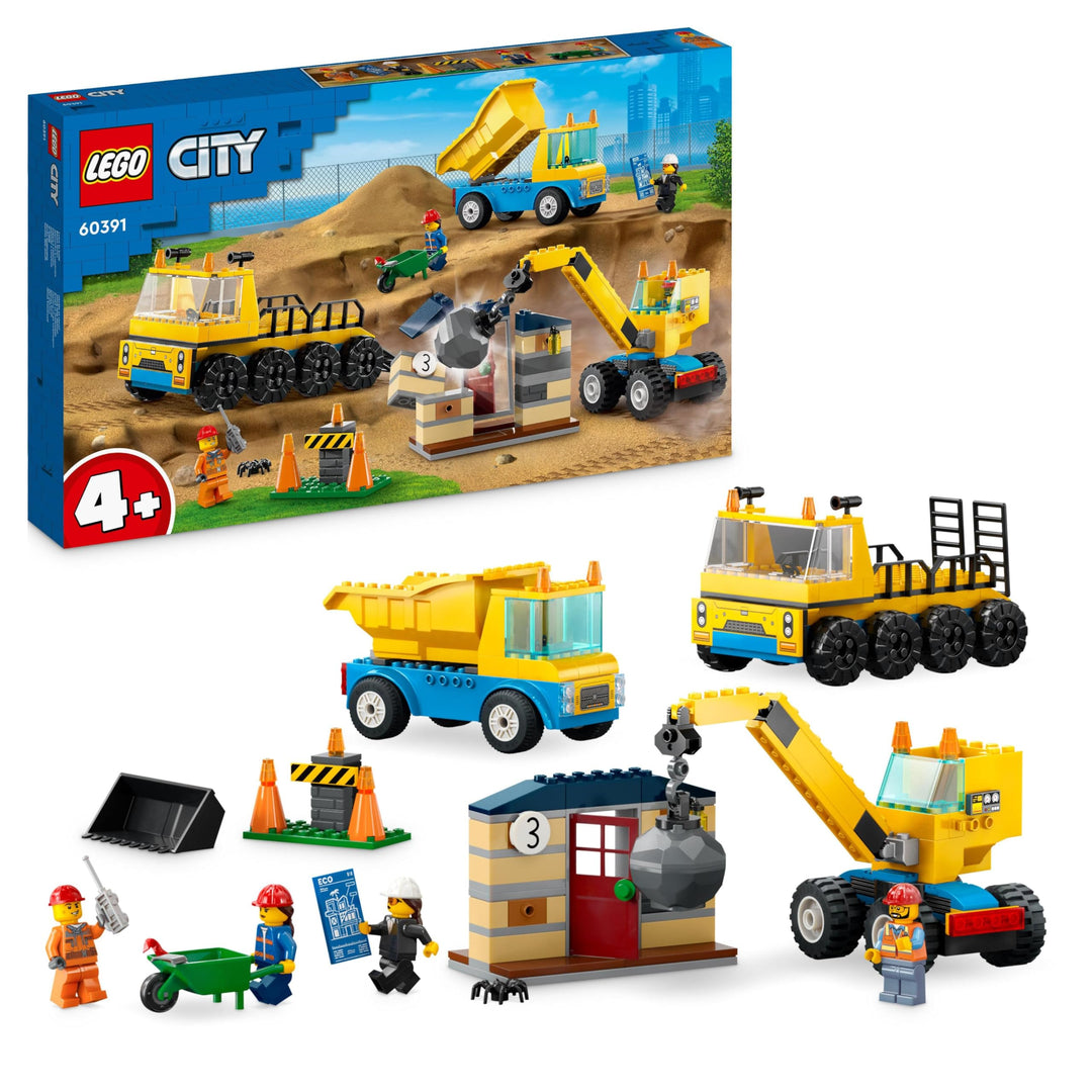 LEGO City Baufahrzeuge und Kran mit Abrissbirne, Spielzeug mit Bagger, Kipper und Transportfahrzeuge