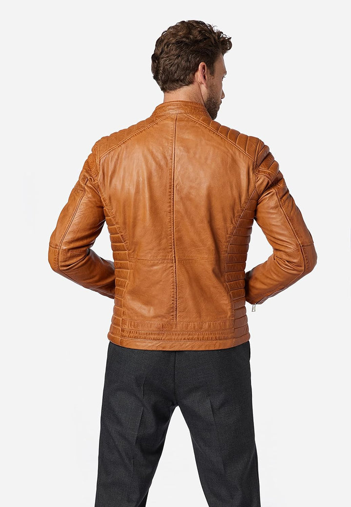 RICANO Cooper – Herren Biker Lederjacke (Slim Fit) - echtes Lamm Leder (XL, Cognac Braun)