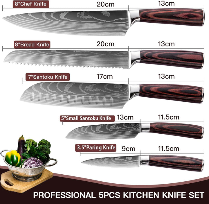 Messerset 5-tlg, Küchenmesser Set aus Hochwertigem Edelstahl, Premium Küchenmesserset Ergonomischem