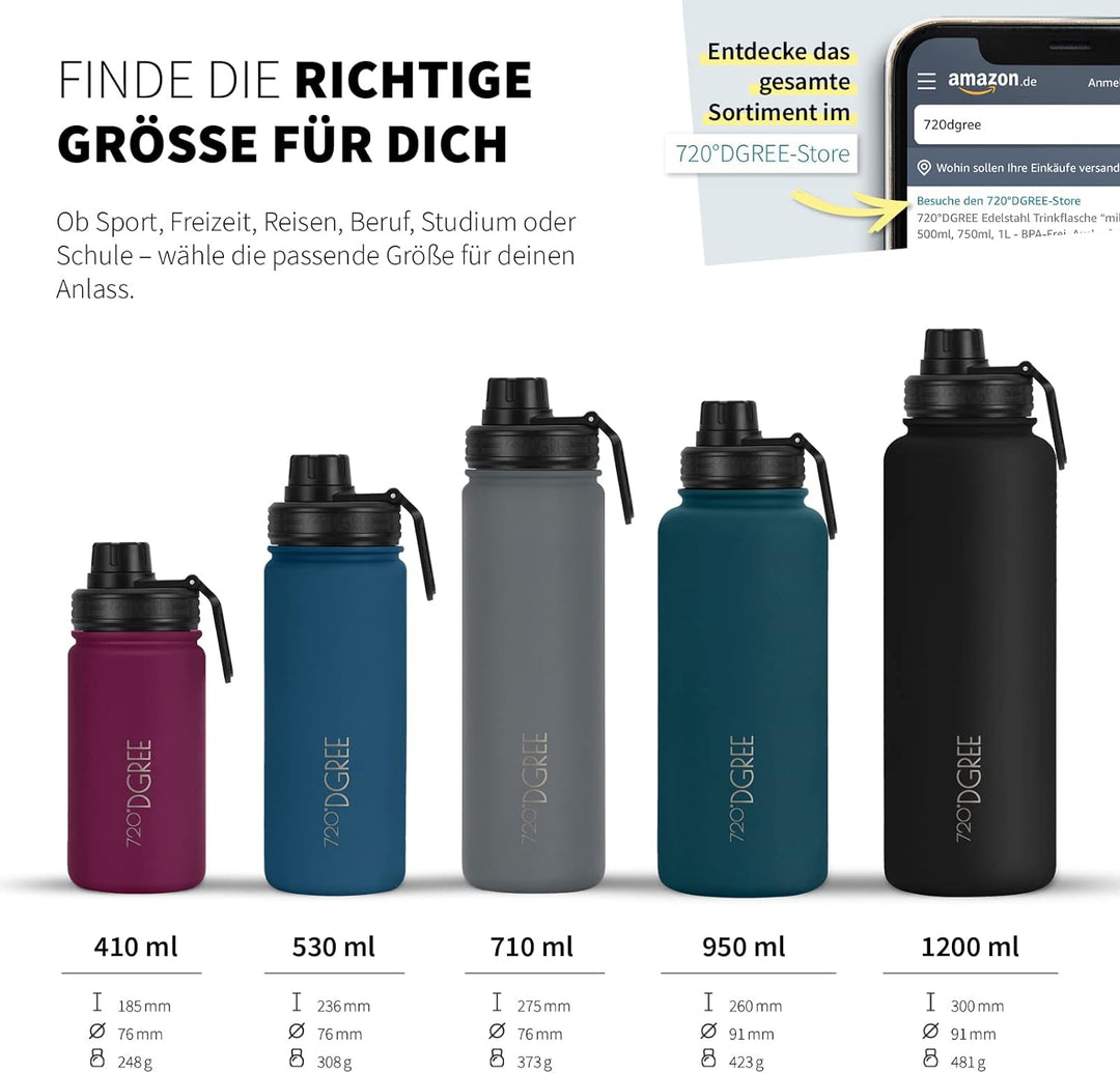 720°DGREE Edelstahl Trinkflasche “noLimit” – 950ml - Auslaufsicher, Kohlensäure geeignet, BPA-Frei -