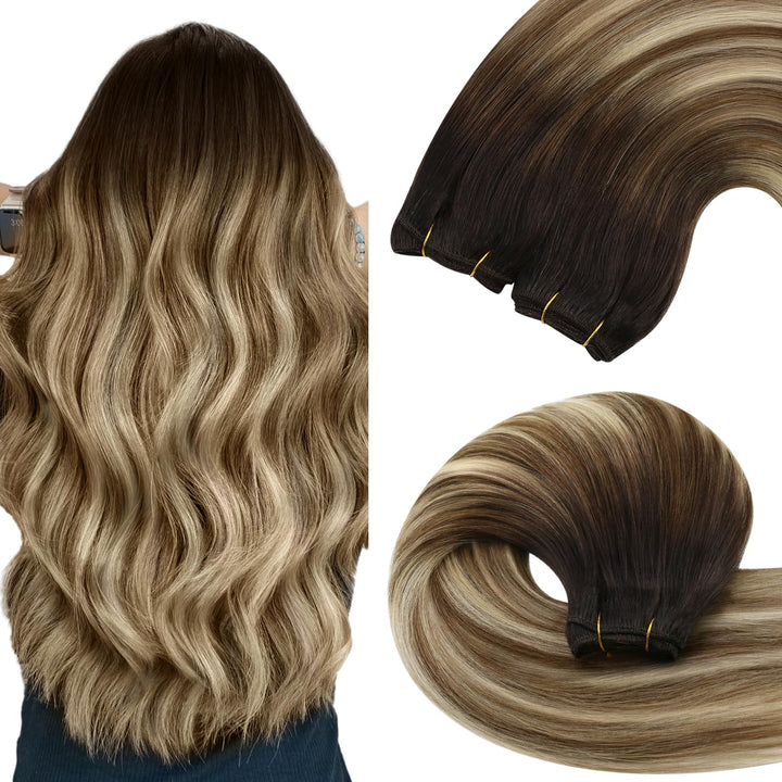 YoungSee Tressen Echthaar Balayage Echthaar Tressen zum Einnahen Braun Balayage Blond Weave Extensio