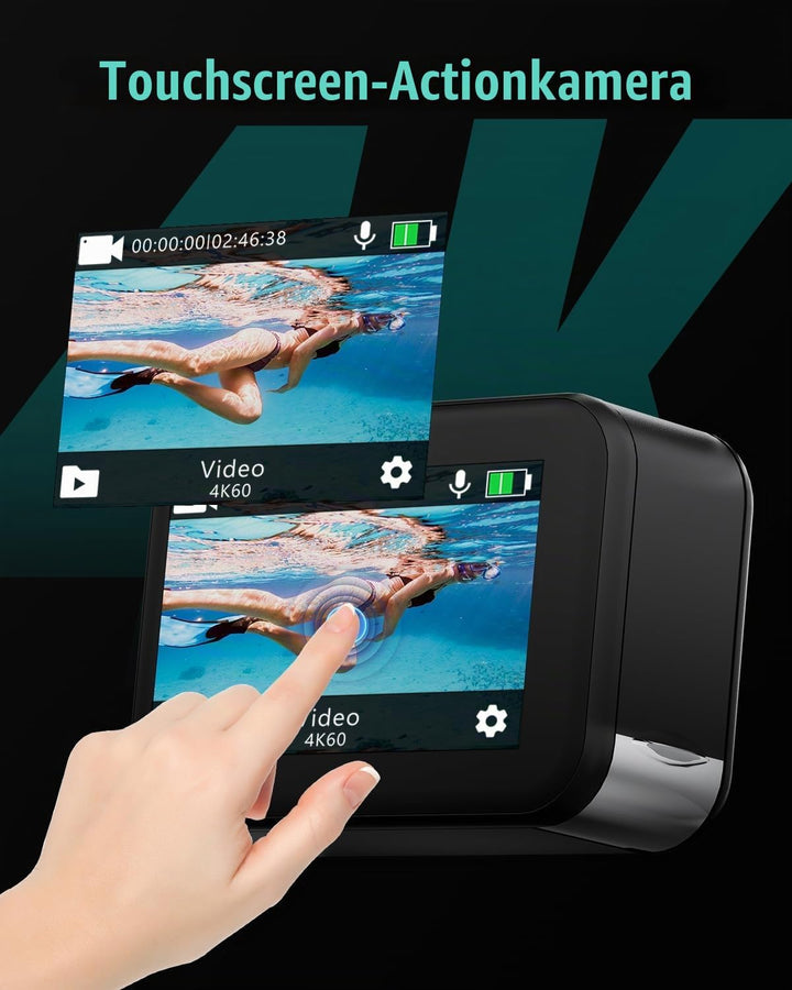 TIMNUT 4K60fps Touchscreen Action Cam, Unterwasserkamera mit 64G SD Karte 48MP WiFi Kamera 8X Zoom,