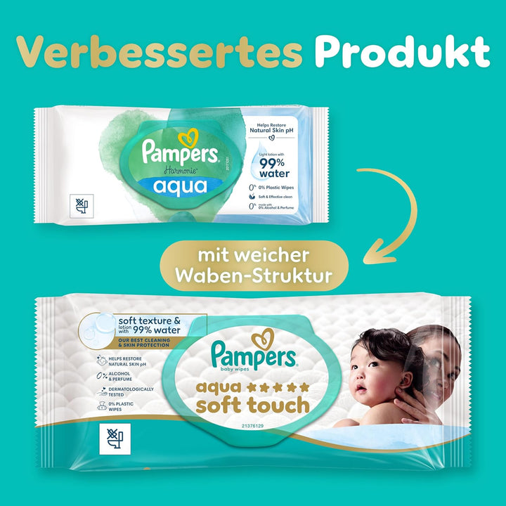 Pampers Aqua Soft Touch Baby-Feuchttücher, 18 Packungen mit 48 Feuchttüchern = 864 Baby-Feuchttücher