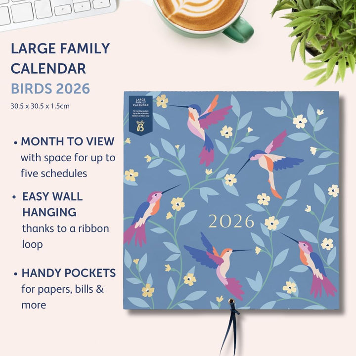 Busy B - Grosser Familien-Wandkalender 2026 - Vögel Design mit 5 Spalten & Aufbewahrungstaschen - Mo