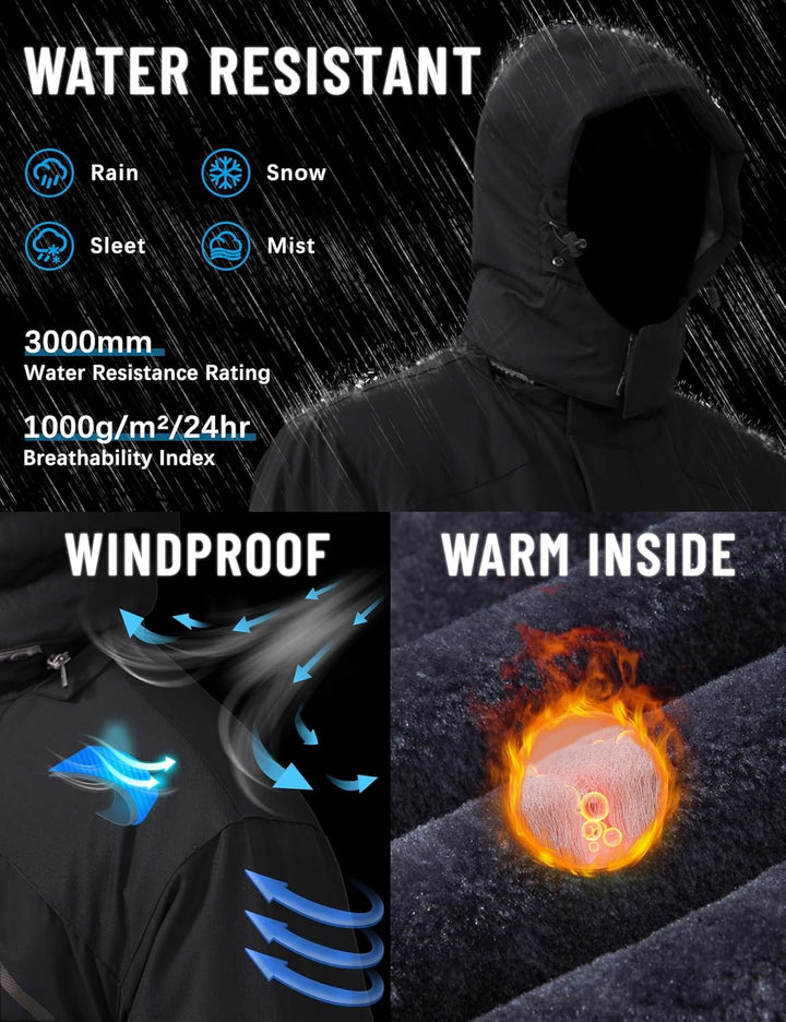 TACVASEN Herren Winter Wasserdichte Winddichte Winterjacke Warme Fleece-Futter Ski Regenmantel mit K