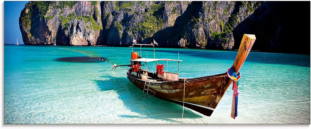 ARTland Glasbilder Wandbild Glas Bild einteilig 125x50 cm Querformat Strand Meer Südsee Boot Thailan