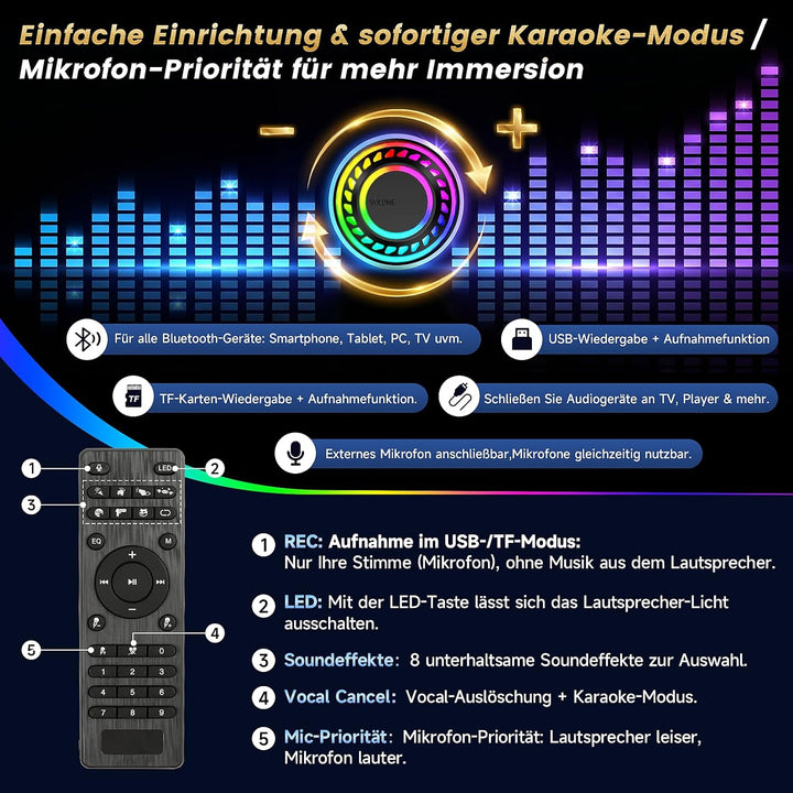 HWWR Karaoke Maschine mit 2 drahtlosen Mikrofonen tragbarem Bluetooth-Lautsprecher RGB-Licht, Schwar
