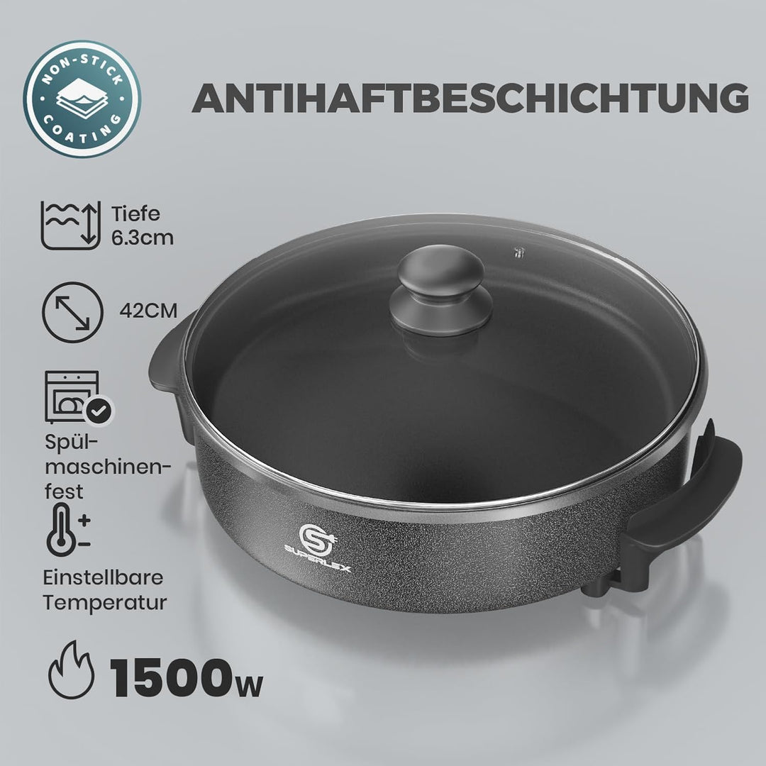 SUPERLEX MultifunktionalePfanne 9,6 Liter, Elektrische Multipfanne mit Deckel 42x7 cm 1500Watt, Elek