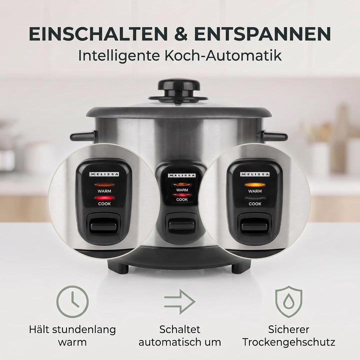 Melissa Reiskocher 1,5 L - 500 W Edelstahl-Reiskocher mit Antihaft-Innentopf, Dämpfkorb für Gemüse &amp;