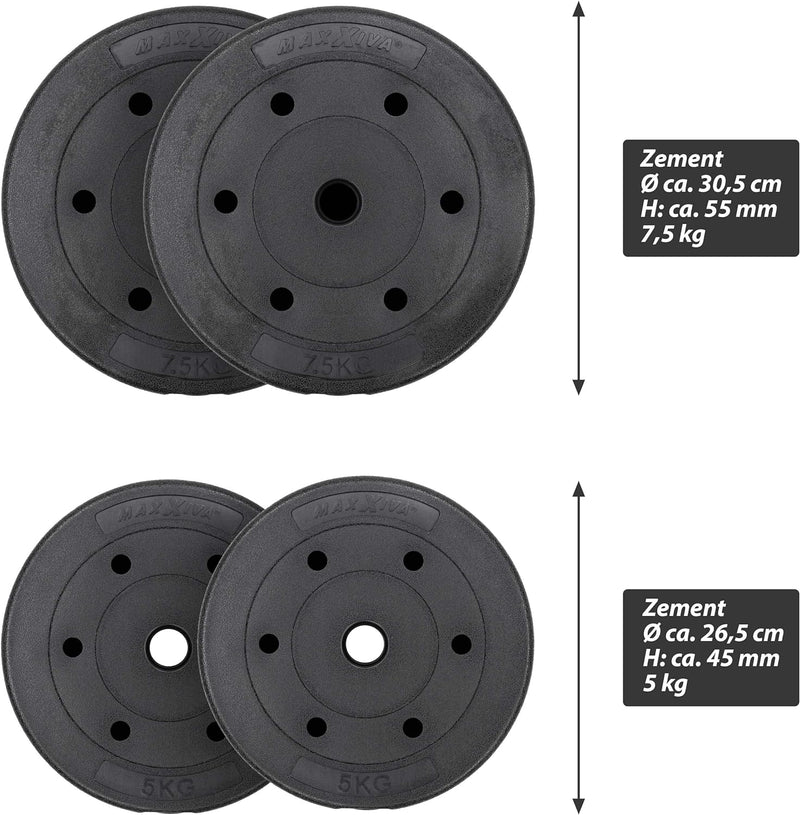 MAXXIVA® Langhantel-Set Zement 30 kg 4 Gewichtsscheiben Sternverschluss Hantelset für Kraftsport Mus