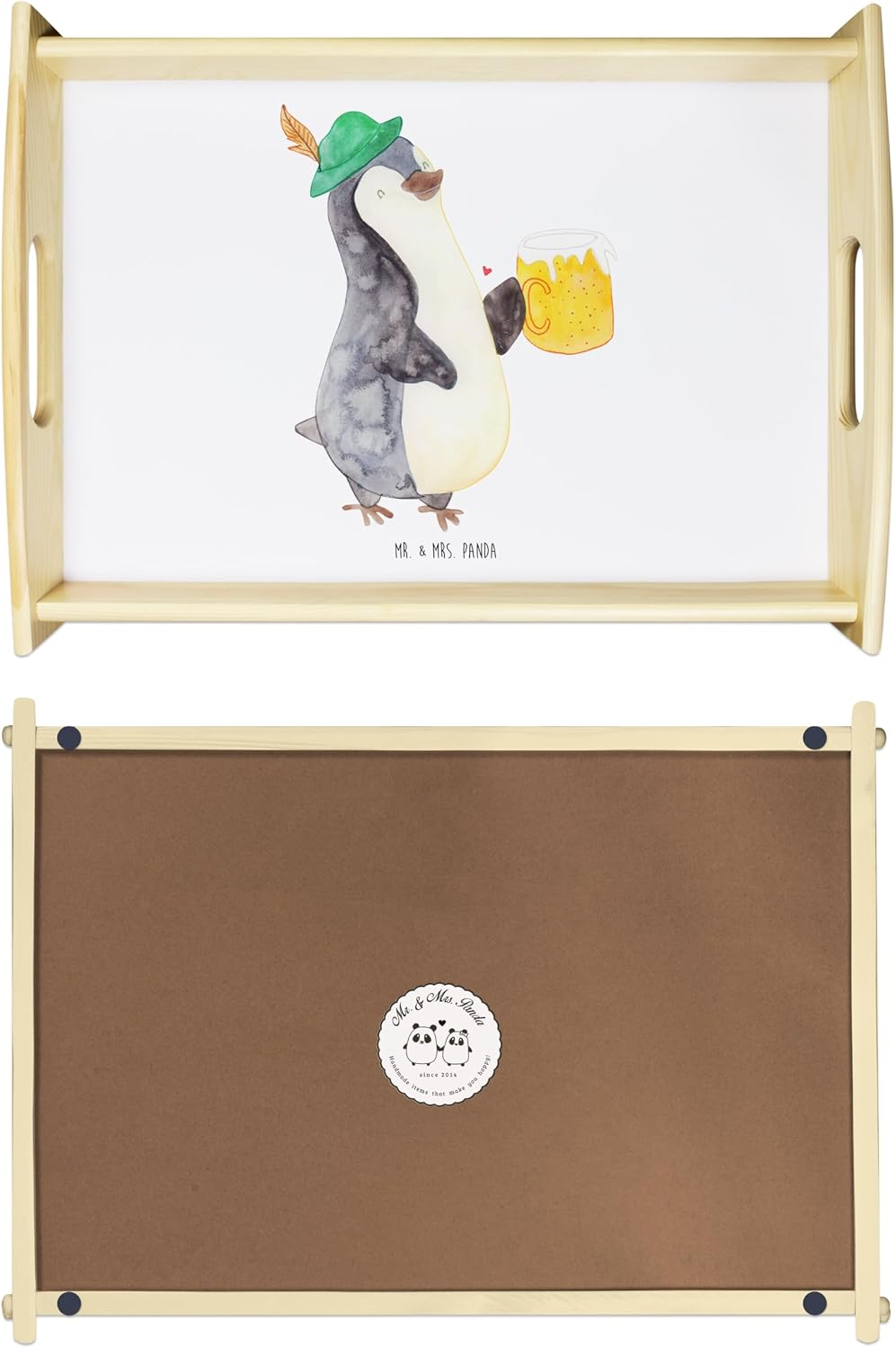 Mr. & Mrs. Panda Holztablett Pinguin Bier - Geschenk, Oktoberfest, Dekotablett, Serviertablett, Küch