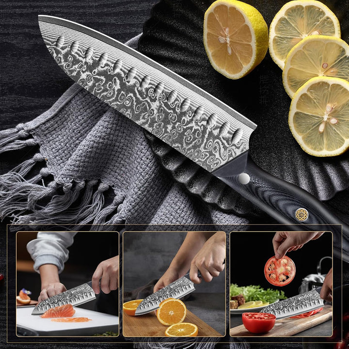 MOSFiATA Damast Santoku Messer 7 Zoll-Japanisches Küchenmesser aus Damaszener Stahl-Damastmesser mit