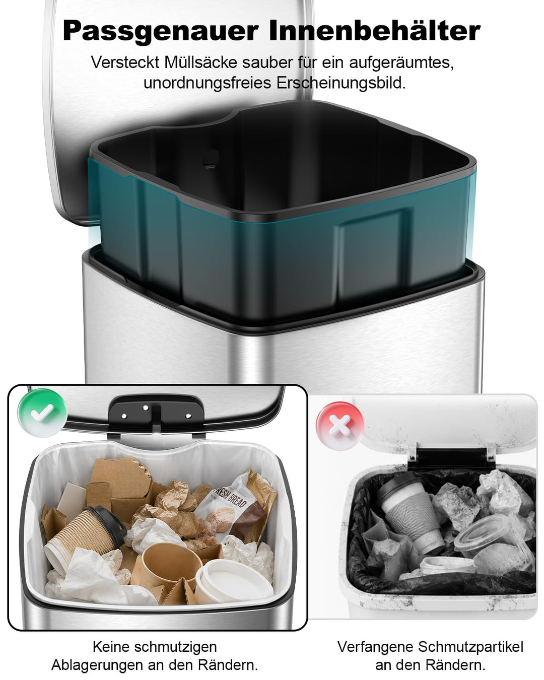 lovewind Mülleimer Küche 60L, Edelstahl Tretmülleimer mit Soft-Close Deckel, Herausnehmbarer Innenei