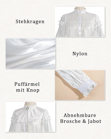 Damen Viktorianisch Bluse Vintage Schleifenhemd Stehkragen mit Ruff Langarmshirt Mittelalter Bluse L