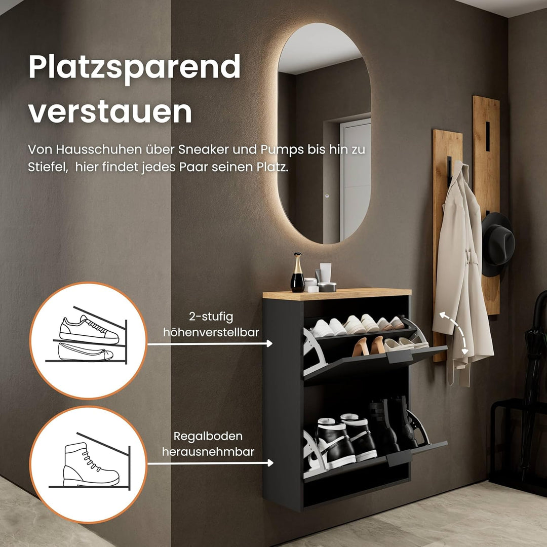 Planetmöbel Schuhschrank schmal mit 2 Klappen platzsparender Schuhregal mit 4 Ablagen, Schuhkommode
