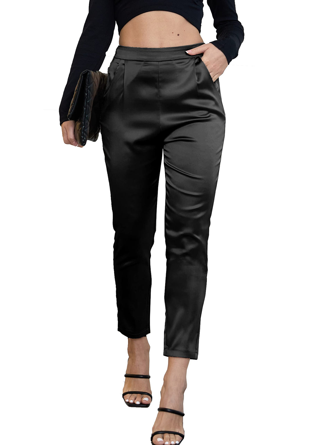 Heipeiwa Damen Satin-Hose, lässig, plissiert, hohe Taille, Hose mit Taschen Schwarz S, Schwarz S