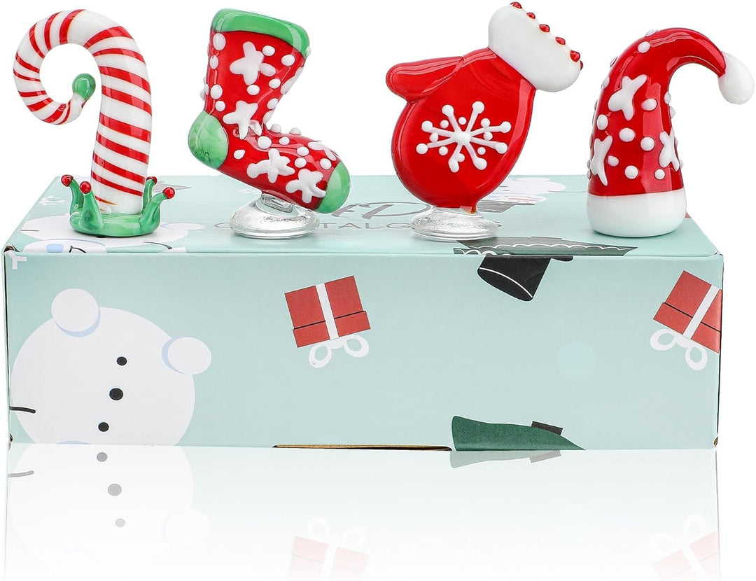 HDCRYSTALGIFTS Handgeblasene Glas-Weihnachtsfiguren, Ornamente, 4 Stück, Mini-Weihnachtsfiguren für