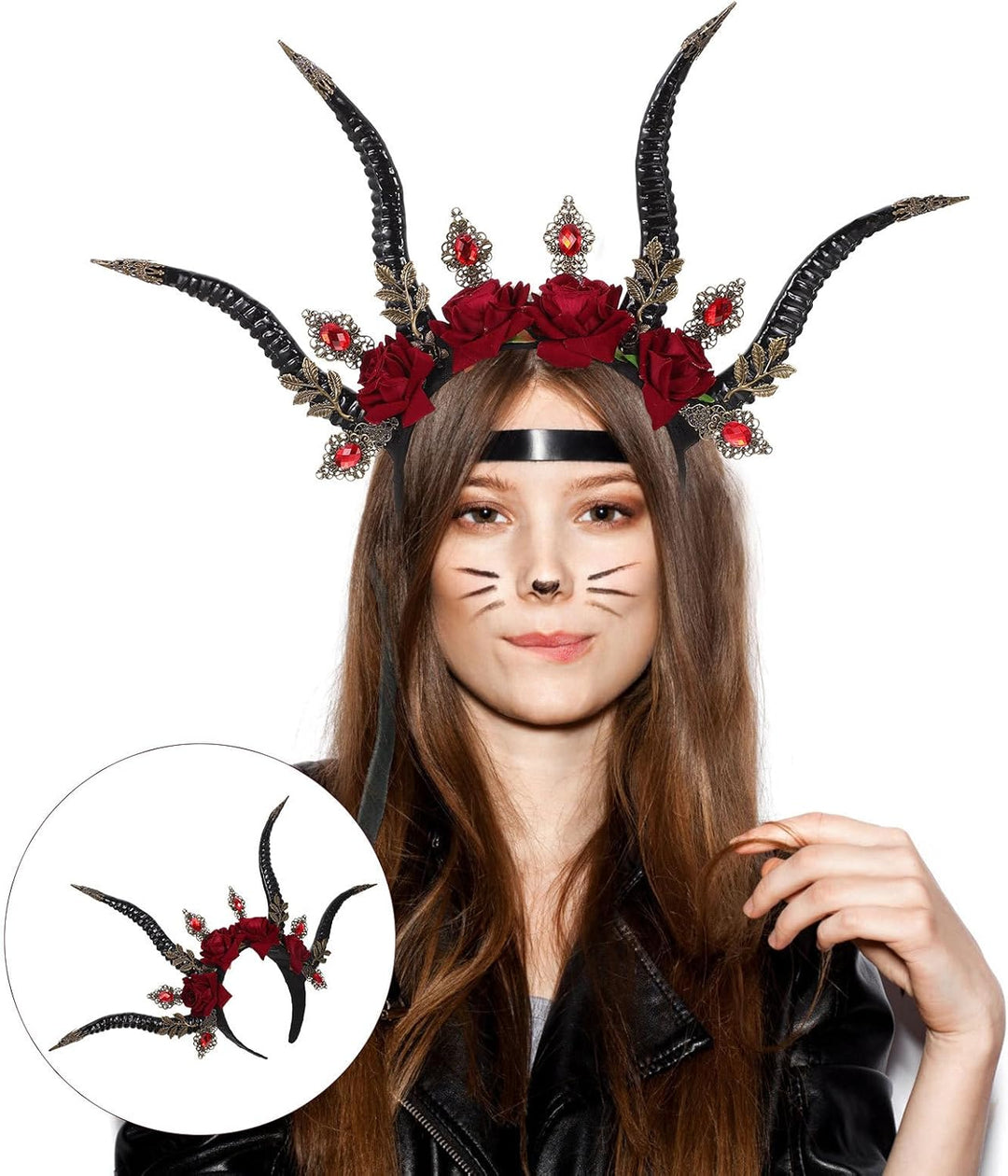 Beavorty Halloween Horn Stirnband Rosen Girlande Gothic Haarband Gothic Dämon Kristall Kopfschmuck W