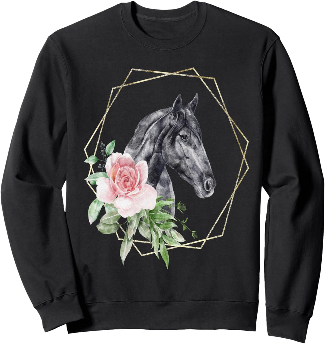 Pferd Geschenk Blumenrahmen Aquarell Schwarz Sweatshirt