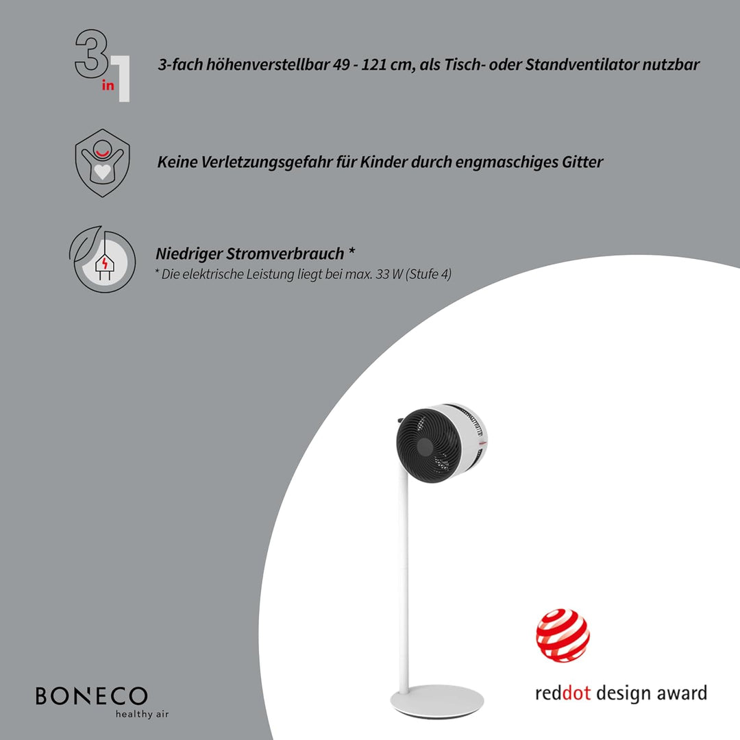 BONECO Air Shower Ventilator F230 – höhenverstellbarer Standventilator mit 4 Leistungsstufen – kippb