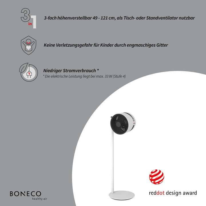 BONECO Air Shower Ventilator F230 – höhenverstellbarer Standventilator mit 4 Leistungsstufen – kippb
