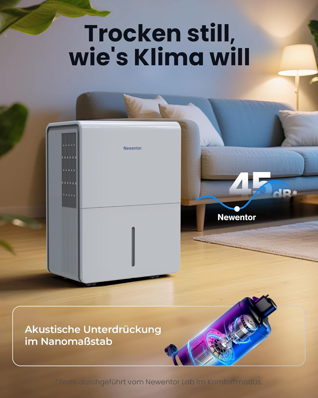 Newentor Luftentfeuchter 25L/24h, Für 215m³/80m² Räume - 3 fache Geräuschreduktion - Stromsparender