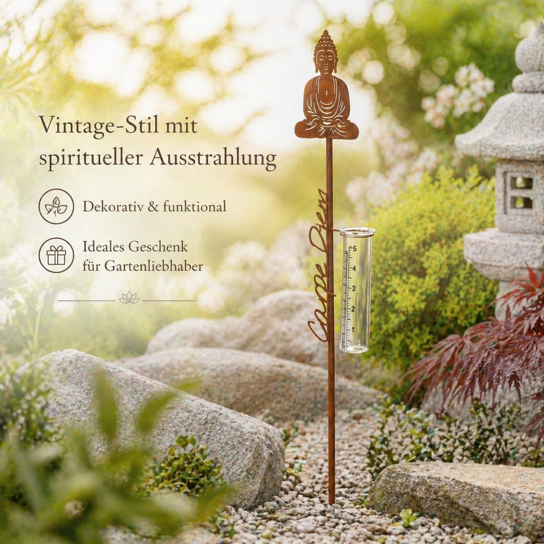 Regenmesser Mit Erdspiess Buddha-Form Carpe Diem Schriftzug Gartenstab Garten Gartendekoration Vinta